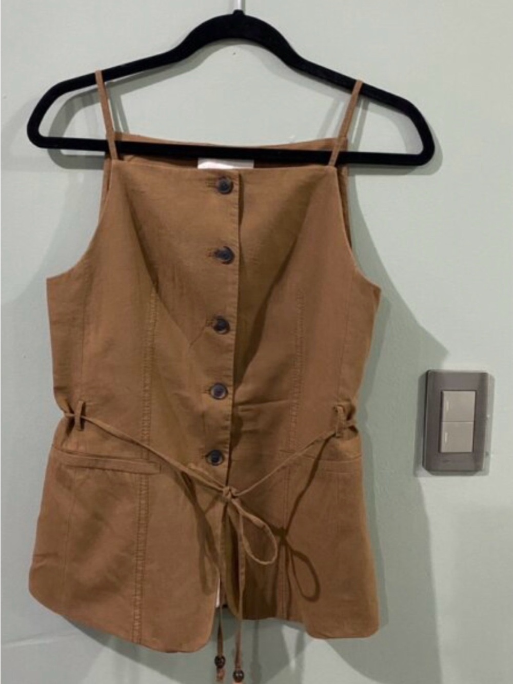 Zara Brown Button-Front Sleeveless Tie-Waist Top